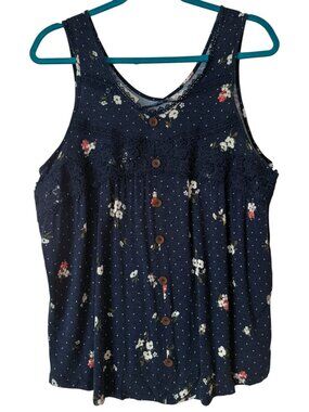 Maurices Women's Floral Button Up Crochet Trim Tank Top Size Large